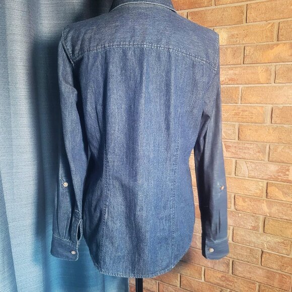 Talbots Women's Western Blue Denim Shirt Med Wash -Tabbed Sleeves Size 10 - Picture 3 of 11